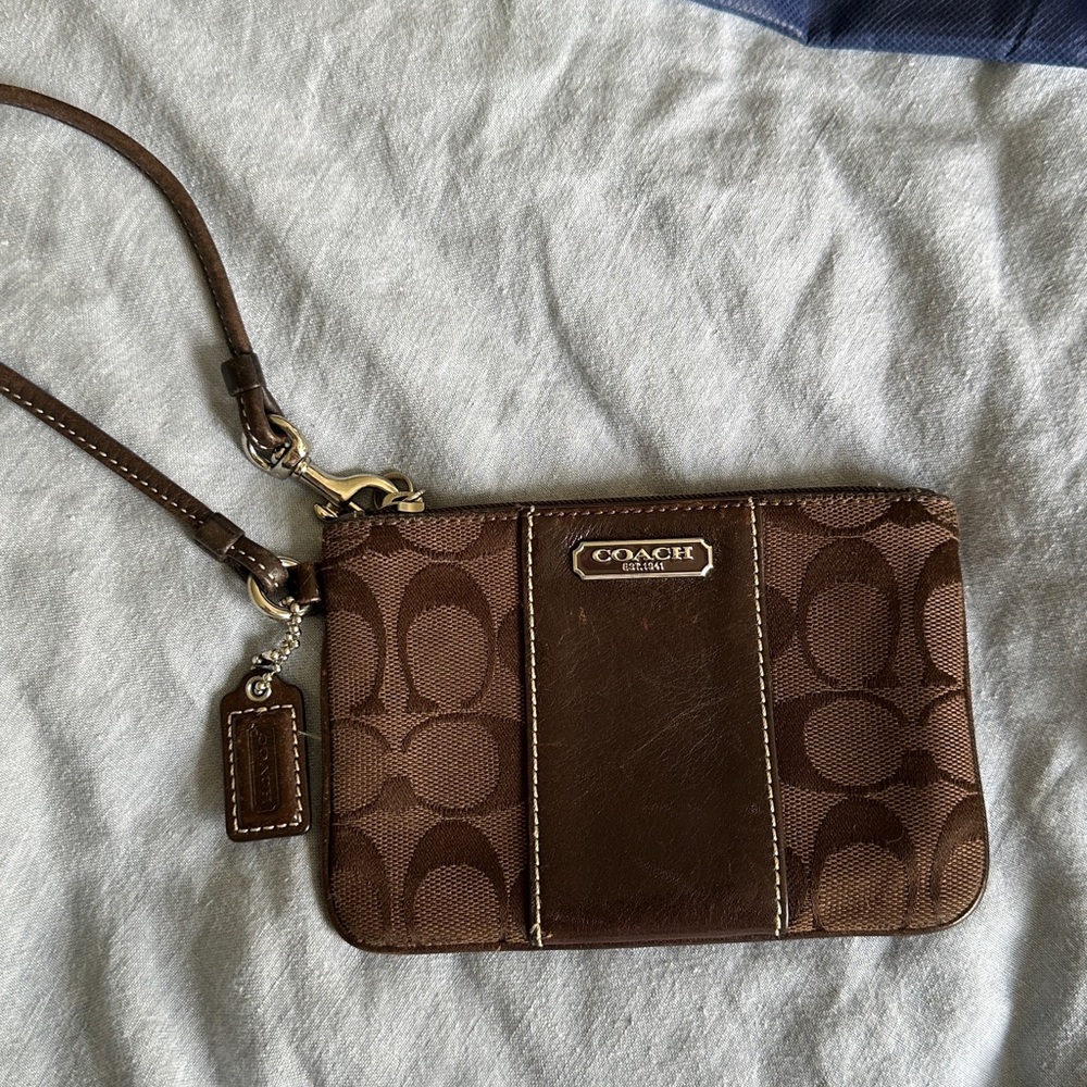 Coach Brown leather and canvas Signature logo corner zip wristlet